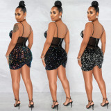 Women's Fashion Sexy Strap Sequin Mesh See-Through Zipper Midi Dress