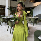 Women's Spring Fashion Halter Neck Slim Waist Ruched Solid Color Gown Dress