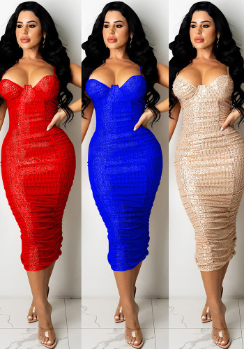 Women's Fashion Nightclub Sequin Sexy Strap Slit Maxi Dress