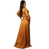 Women's Fashion Sexy Solid Color Deep V Lace-Up Long Sleeve Slit Maxi Dress