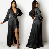 Women's Fashion Sexy Solid Color Deep V Lace-Up Long Sleeve Slit Maxi Dress