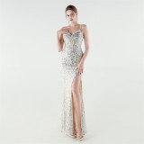 Plus Size Beaded Sequin Slim Waist Evening Gown