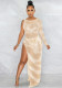 Women's Fashion Sexy Nightclub Beaded Single Long Sleeve Irregular Slit Maxi Dress