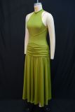 Women's Spring Fashion Halter Neck Slim Waist Ruched Solid Color Gown Dress
