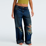 Women's Spring Washed Blue High-Waist Ripped Straight-Leg Denim Pants