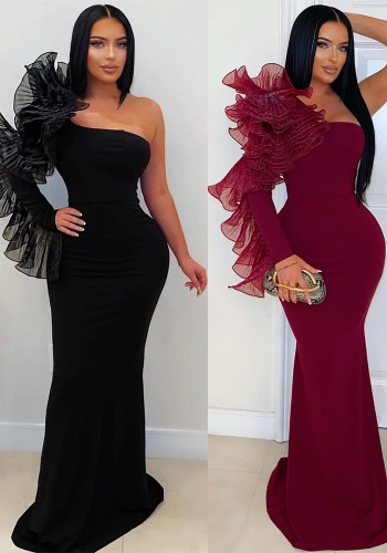 Women's Fashion Chic Elegant Single Flounce Sleeve Slim-Fit Long Dress