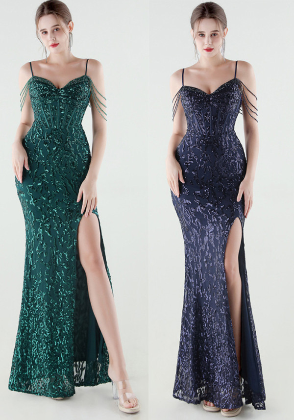 Plus Size Beaded Sequin Slim Waist Evening Gown