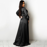 Women's Fashion Sexy Solid Color Deep V Lace-Up Long Sleeve Slit Maxi Dress
