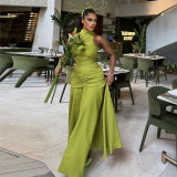 Women's Spring Fashion Halter Neck Slim Waist Ruched Solid Color Gown Dress