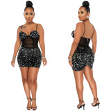 Women's Fashion Sexy Strap Sequin Mesh See-Through Zipper Midi Dress