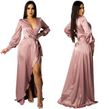 Women's Fashion Sexy Solid Color Deep V Lace-Up Long Sleeve Slit Maxi Dress