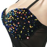 Women's Fashion Sexy Strap Sequin Mesh See-Through Zipper Midi Dress