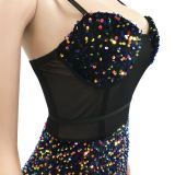 Women's Fashion Sexy Strap Sequin Mesh See-Through Zipper Midi Dress