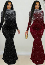 Women's Fashion Elegant High Neck Beaded Pearl Bodycon Dress