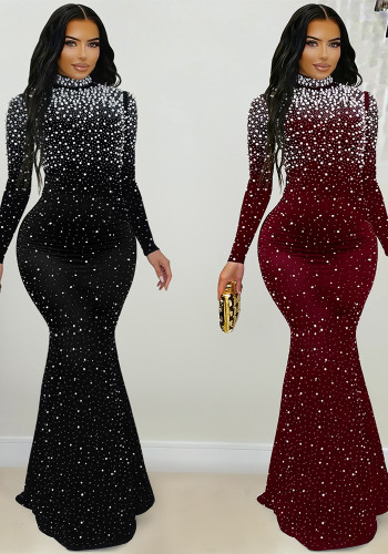 Women's Fashion Elegant High Neck Beaded Pearl Bodycon Dress