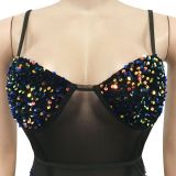 Women's Fashion Sexy Strap Sequin Mesh See-Through Zipper Midi Dress