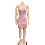 Women's Fashion Solid Color Sequin Sleeveless V-Neck Low Back Dress