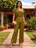 Chic V-Neck Short Sleeve Slim Waist Tie High-Waist Wide-Leg Linen Two-Piece Pants Set