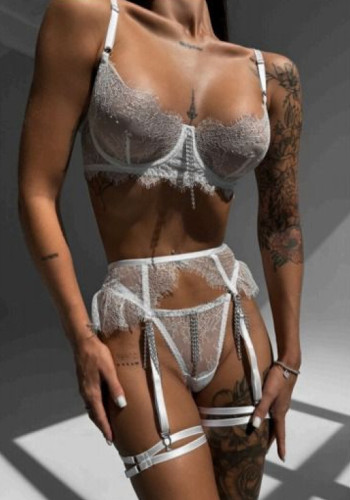 Sexy Lace-Up Cut-Out Lace Patchwork Erotic Bra Panty Set Lingerie