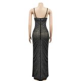 Women's Fashion Beaded Sexy Strap See-Through Mesh Maxi Dress