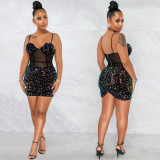 Women's Fashion Sexy Strap Sequin Mesh See-Through Zipper Midi Dress