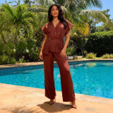 Chic V-Neck Short Sleeve Slim Waist Tie High-Waist Wide-Leg Linen Two-Piece Pants Set