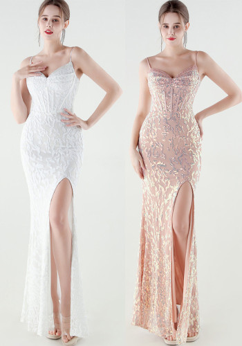 Plus Size Beaded Sequin Slim Waist Evening Gown