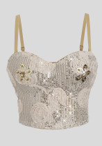 Floral Sequin High-Waist Slim Waist Strap Top