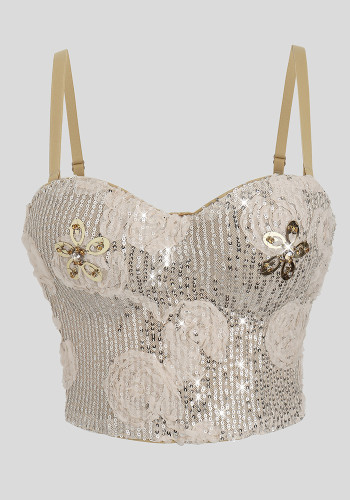 Floral Sequin High-Waist Slim Waist Strap Top