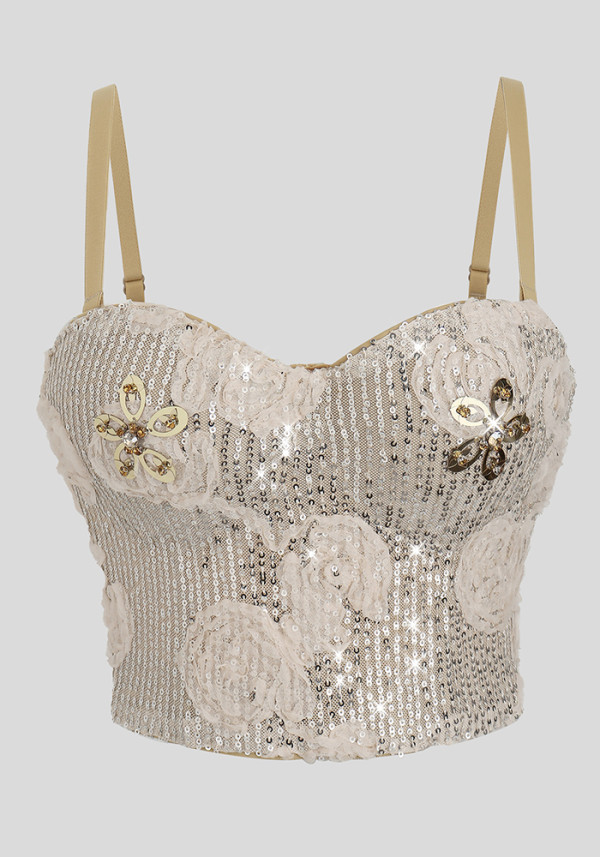 Floral Sequin High-Waist Slim Waist Strap Top