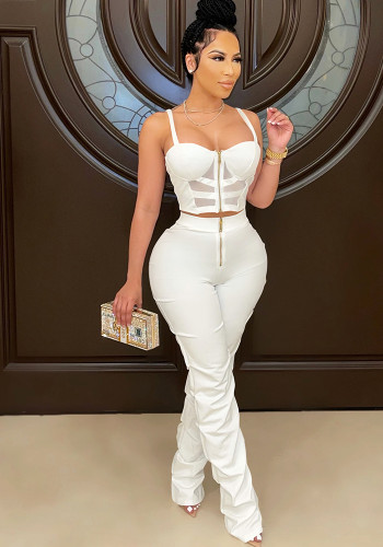 Women's Solid Color Sexy Strap Tube Top Zipper Vest & Pants Two-Piece Set