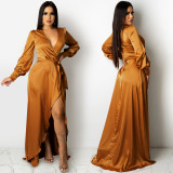 Women's Fashion Sexy Solid Color Deep V Lace-Up Long Sleeve Slit Maxi Dress