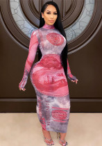 Women's Autumn/Winter Sexy Mesh See-Through Dollar Print long Dress