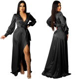 Women's Fashion Sexy Solid Color Deep V Lace-Up Long Sleeve Slit Maxi Dress