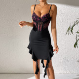 Sexy Women's Strap Lace Slit Ruffle Bodycon Dress