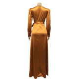 Women's Fashion Sexy Solid Color Deep V Lace-Up Long Sleeve Slit Maxi Dress