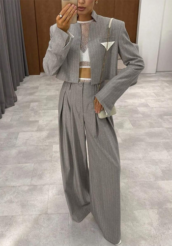 Women's Spring/Fall Striped Blazer Jacket & Wide-Leg Pants Two-Piece Set