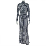 Women's Cut-Out Striped Halter Neck Long Sleeve Printed Bodycon Dress