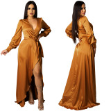 Women's Fashion Sexy Solid Color Deep V Lace-Up Long Sleeve Slit Maxi Dress