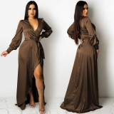 Women's Fashion Sexy Solid Color Deep V Lace-Up Long Sleeve Slit Maxi Dress