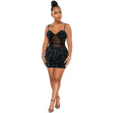 Women's Fashion Sexy Strap Sequin Mesh See-Through Zipper Midi Dress
