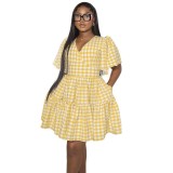 Women's Autumn/Winter Fashion V-Neck Slim Waist Plaid Ruched Dress