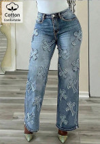 Women's Applique Embroidered Straight-Leg Denim Pants Women's Applique Embroidered Straight-Leg Denim Pants