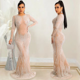 Women's Nightclub Style Sexy Beaded Mesh See-Through Long Sleeve Maxi Dress