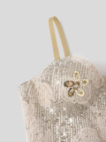 Floral Sequin High-Waist Slim Waist Strap Top