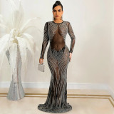 Women's Nightclub Style Sexy Beaded Mesh See-Through Long Sleeve Maxi Dress