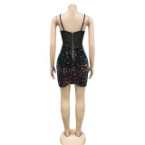 Women's Fashion Sexy Strap Sequin Mesh See-Through Zipper Midi Dress