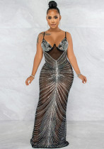 Women's Fashion Beaded Sexy Strap See-Through Mesh Maxi Dress