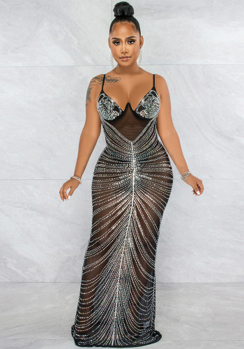 Women's Fashion Beaded Sexy Strap See-Through Mesh Maxi Dress