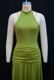 Women's Spring Fashion Halter Neck Slim Waist Ruched Solid Color Gown Dress